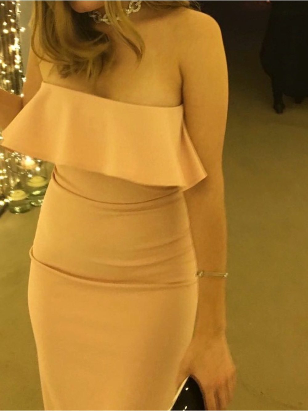 Nookie Strapless Long Ruffle Bodycon Dress in Blush Pink